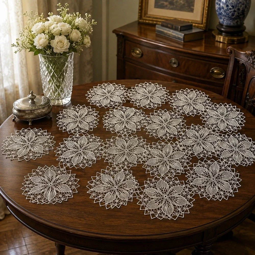 Antique Handmade Crochet Lace Doilies Lot 15 Matching Floral 8-9